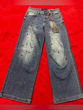 Fire & Rain Embellished Wide-Leg Denim Jeans in Blue